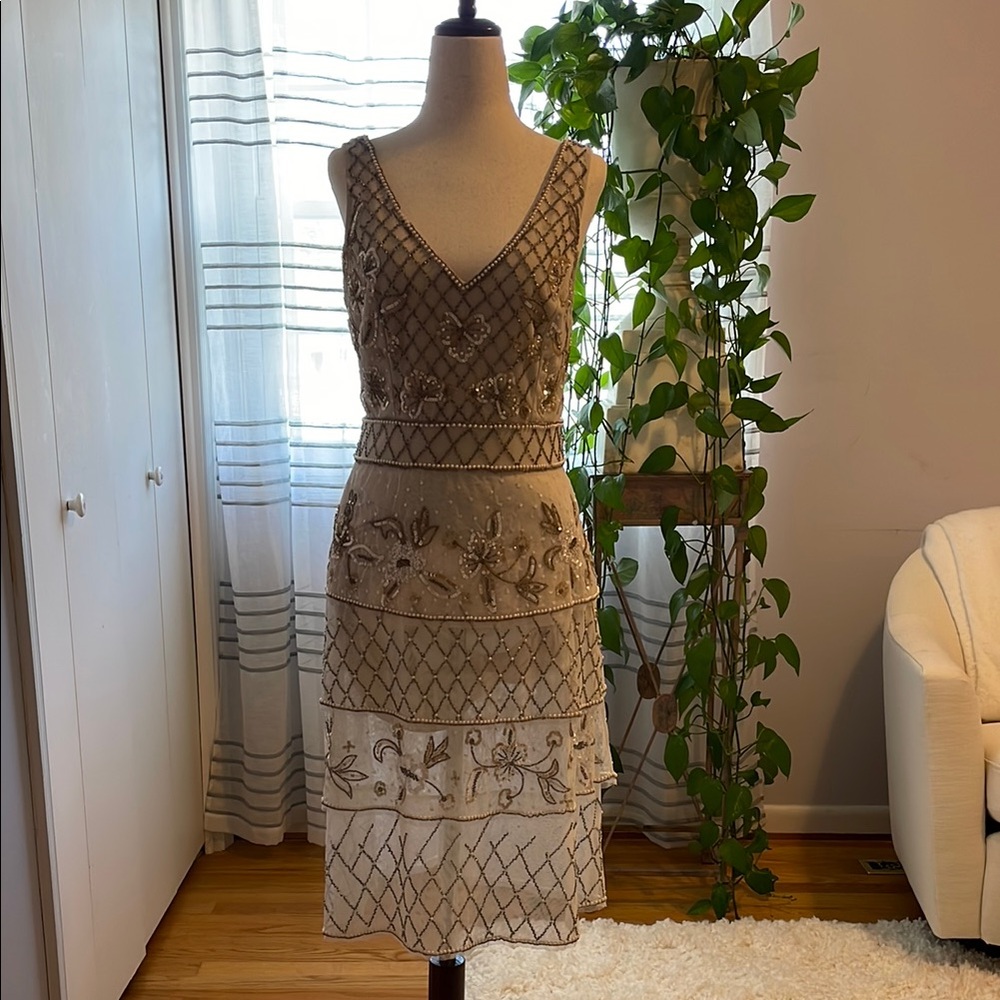 Adrianna Papell Cream Tiered Embellished Midi Sundress